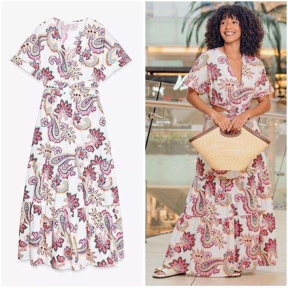 ZARA CUT OUT PRINTED POPLIN DRESS - Picture 1 of 12